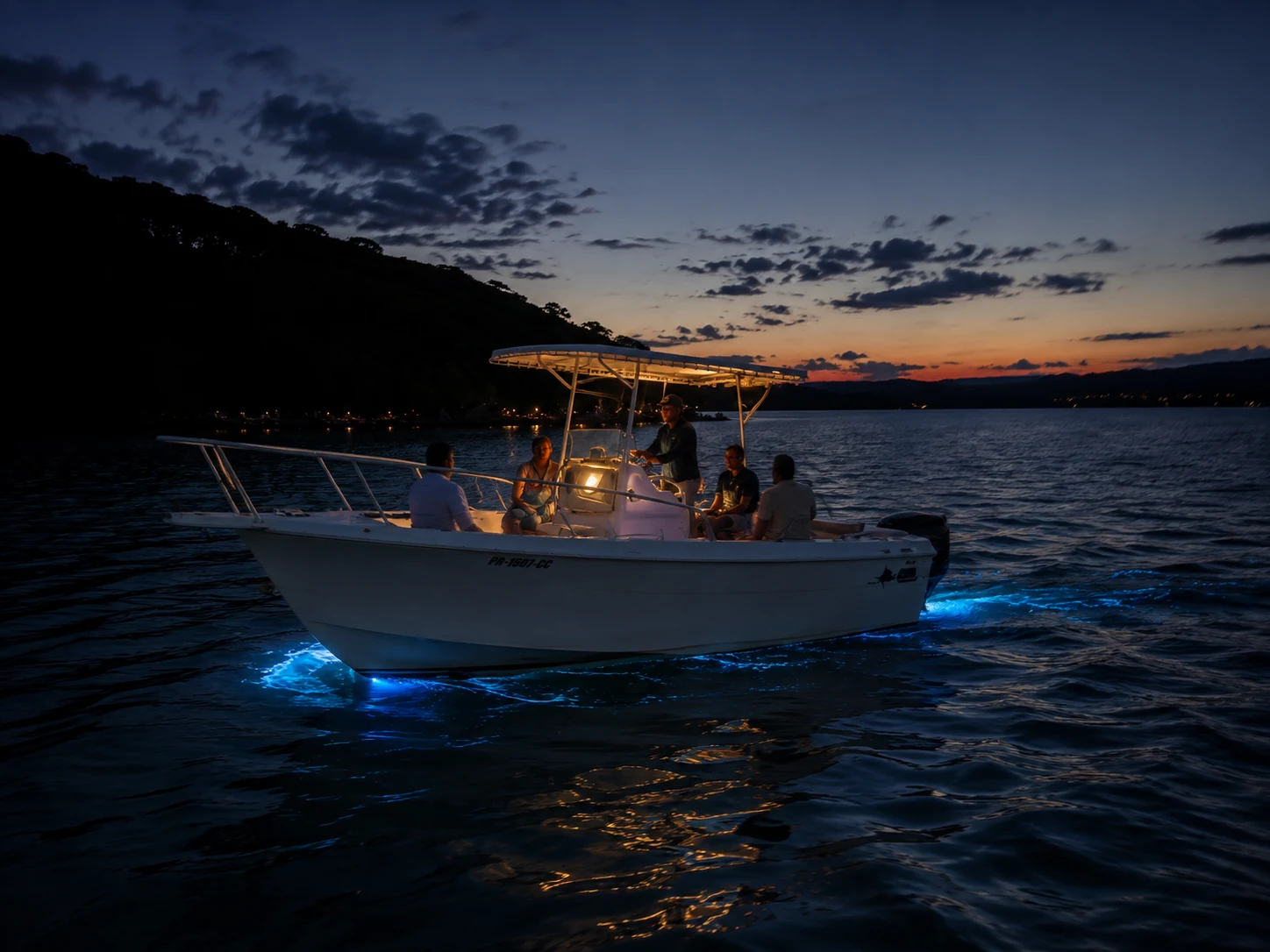 Captain Luis' white center-console boat on a private Bio Bay tour in La Parguera at night