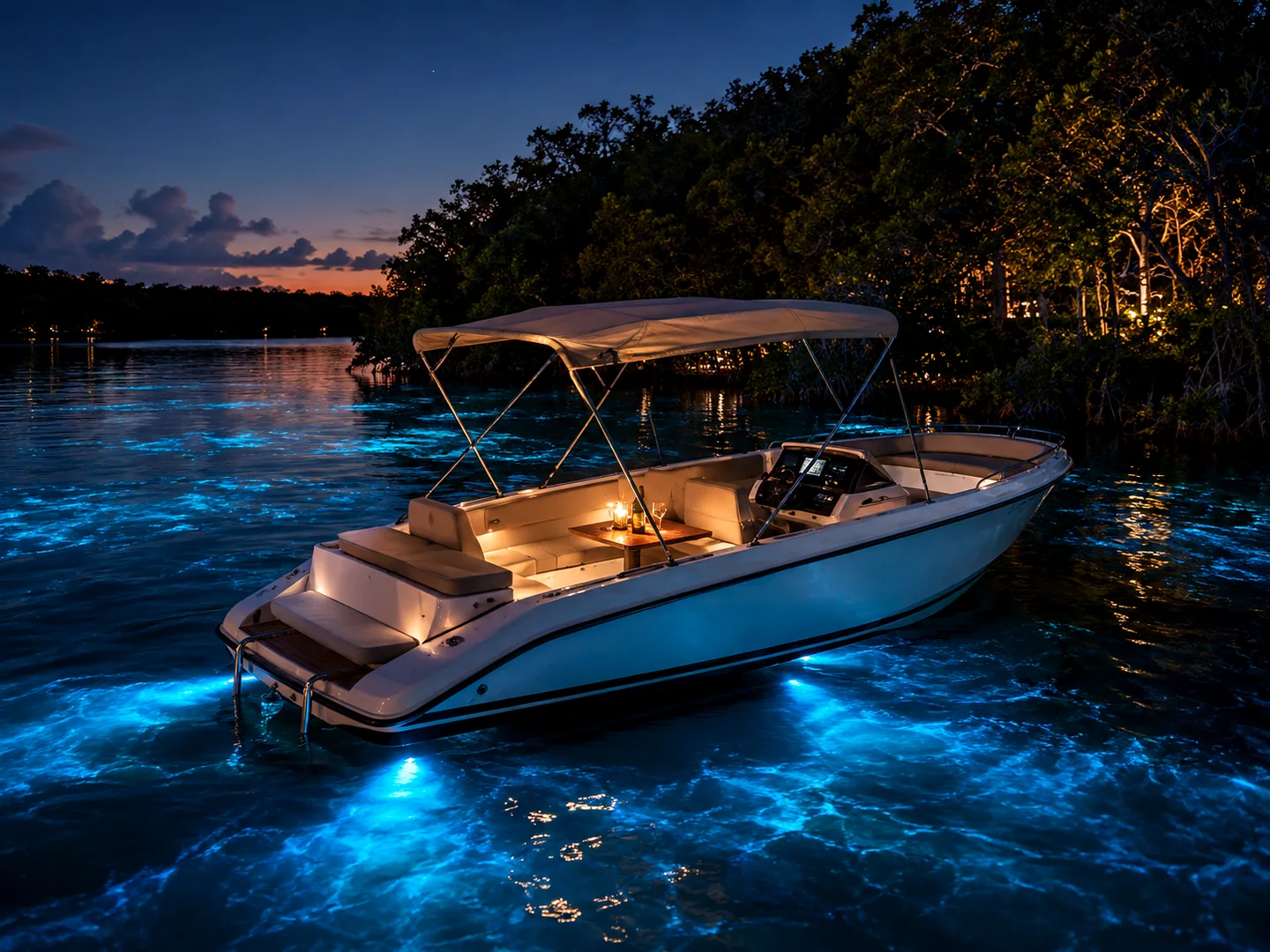 Private luxury boat on glowing bioluminescent water in La Parguera