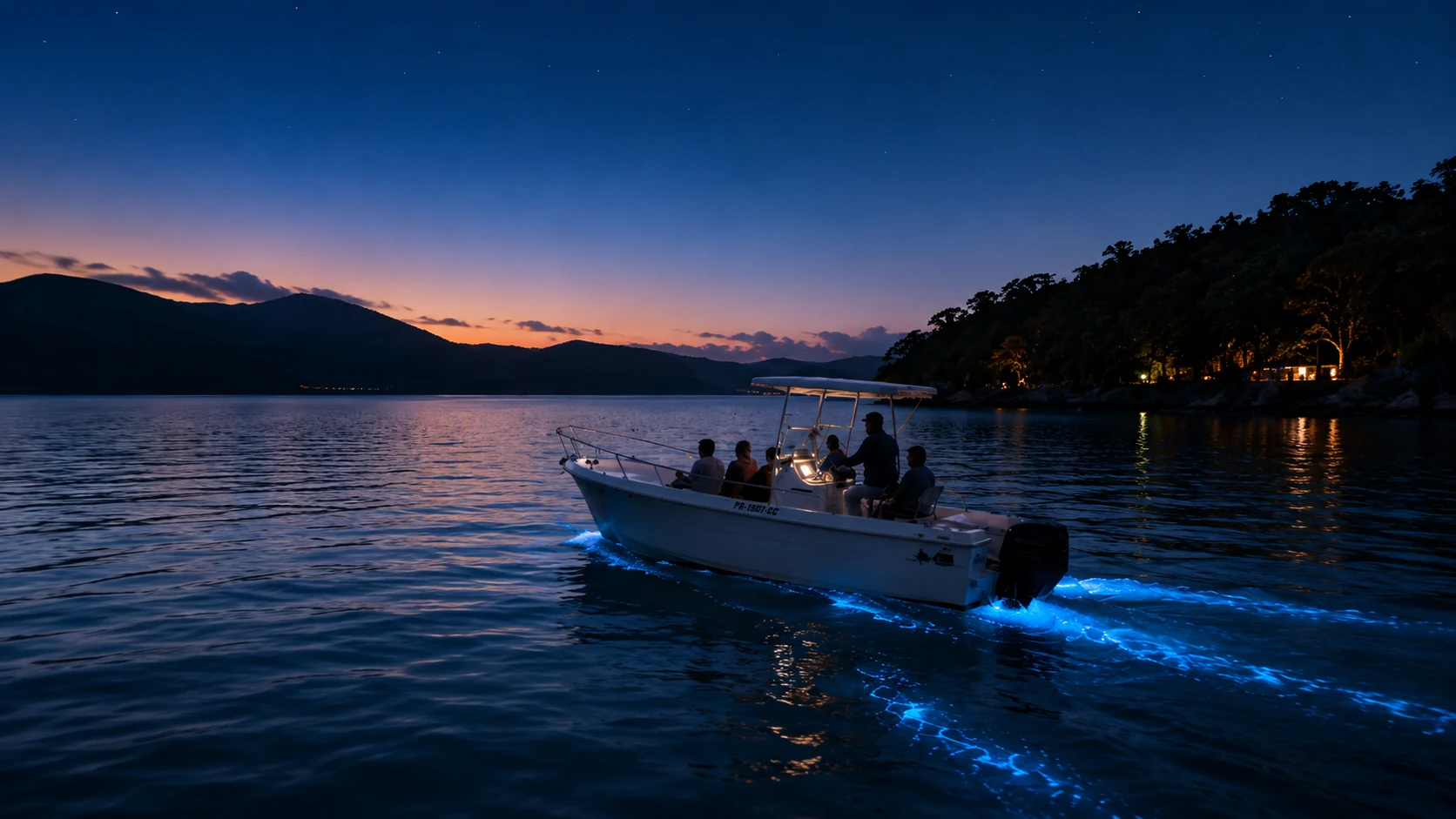 Realistic private center-console boat moving through subtle bioluminescent water at twilight in La Parguera