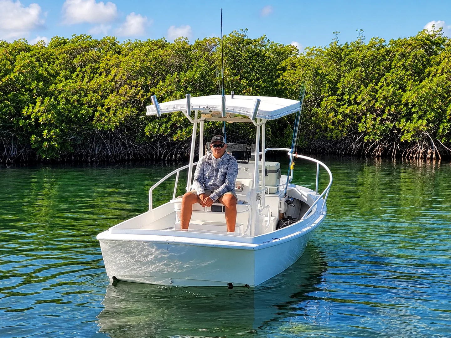 Center-console boat for morning fishing near La Parguera mangroves