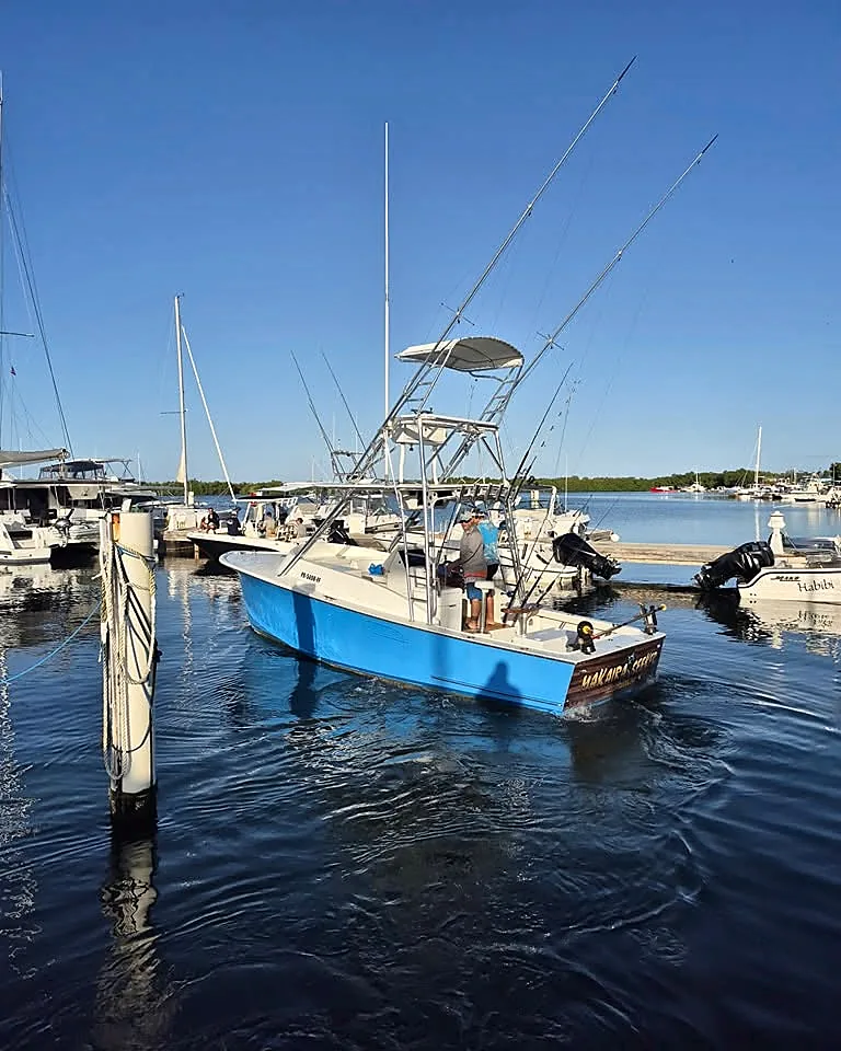 Blue Makaira offshore charter boat leaving a Puerto Rico marina.